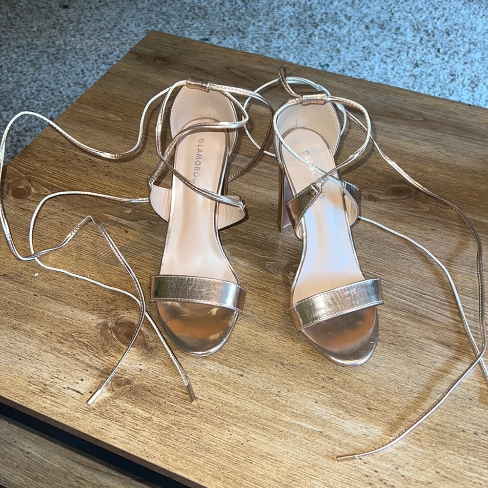 Glamorous rose gold ankle tie block heel sandals